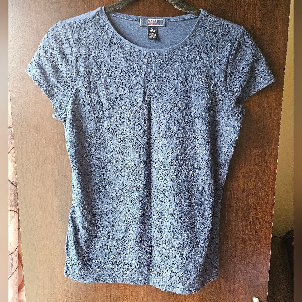 Chaps Dark Blue Lace Short Sleeve Top Size Medium